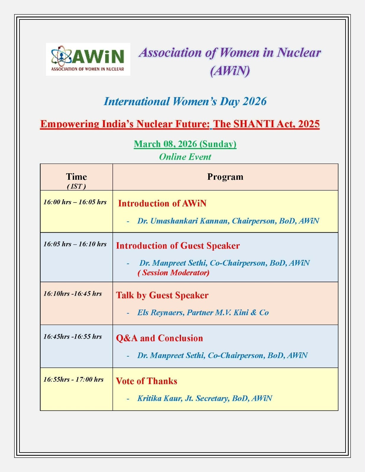 International Women's Day 2026 poster: Empowering India's Nuclear Future: The SHANTI Act, 2025, 8 March 2026, online event